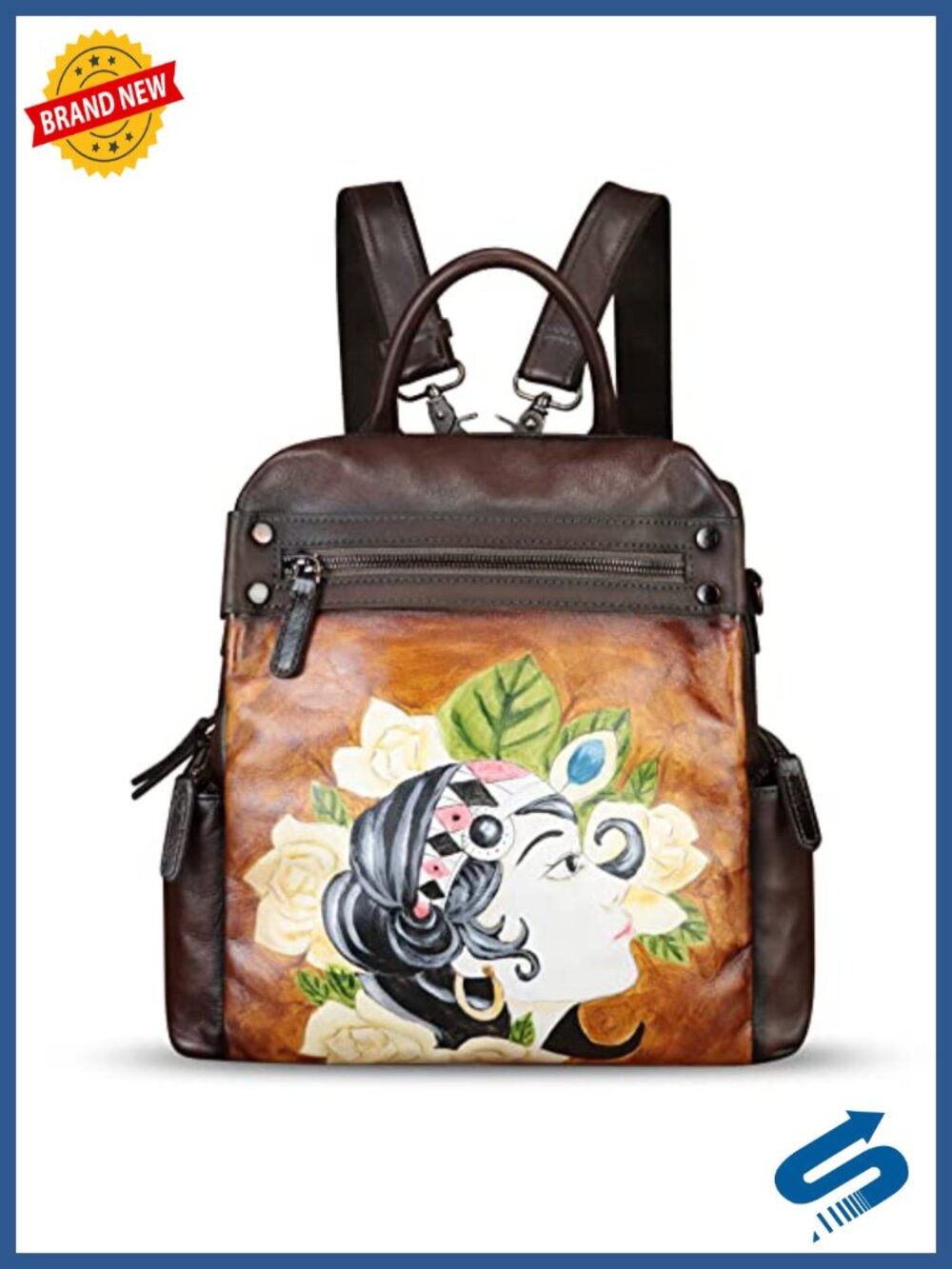 Genuine Leather Hand Painted Backpack Convertible Daypack Rucksack